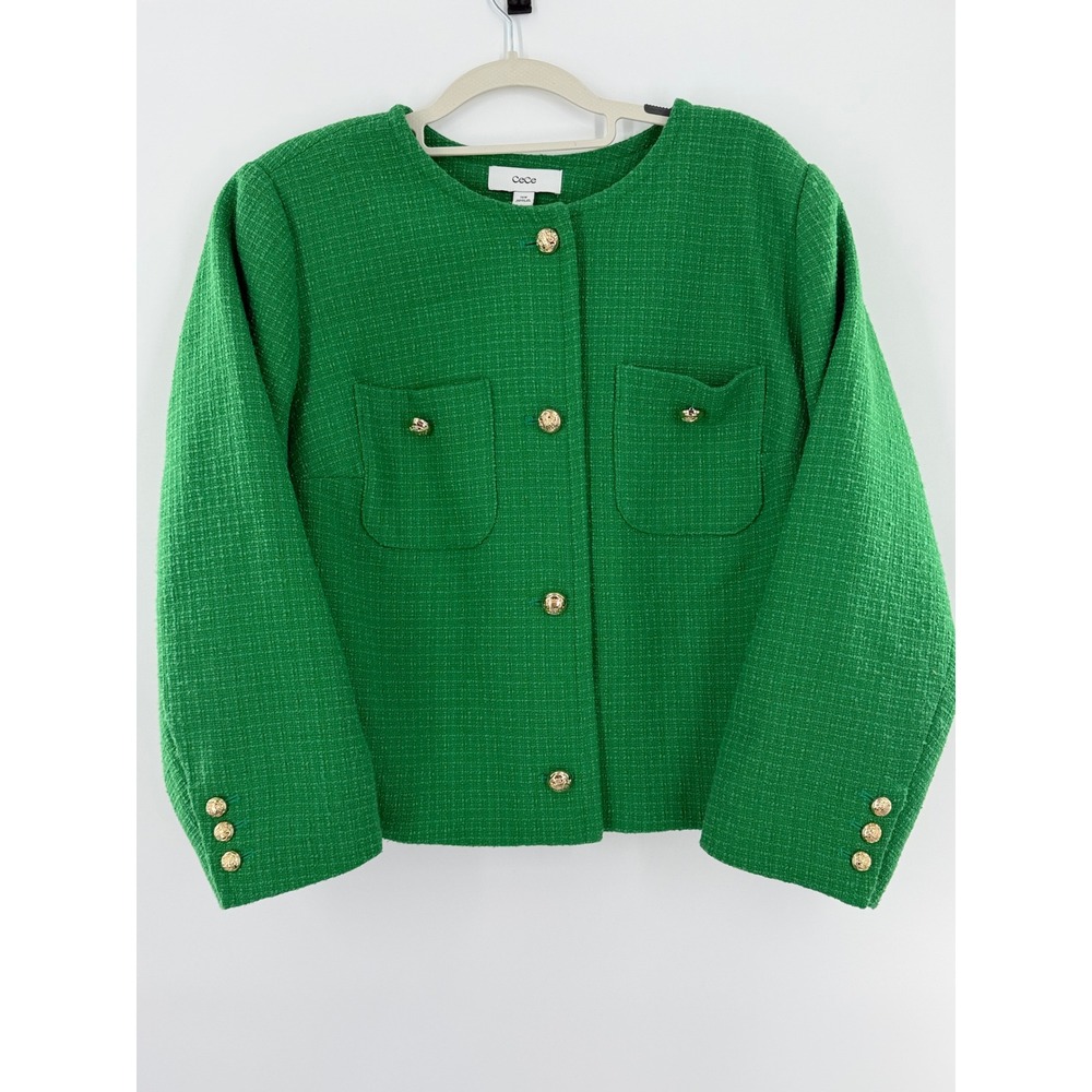 CeCe Green Tweed Blazer Jacket Gold Crest Buttons Plus Size 14W